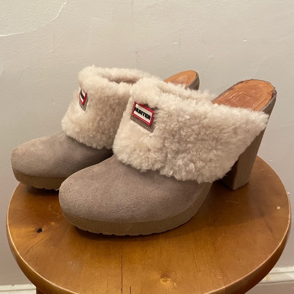 HUNTER Bruson Suede Leather Sheepskin Y2K Mules - Picture 2 of 7